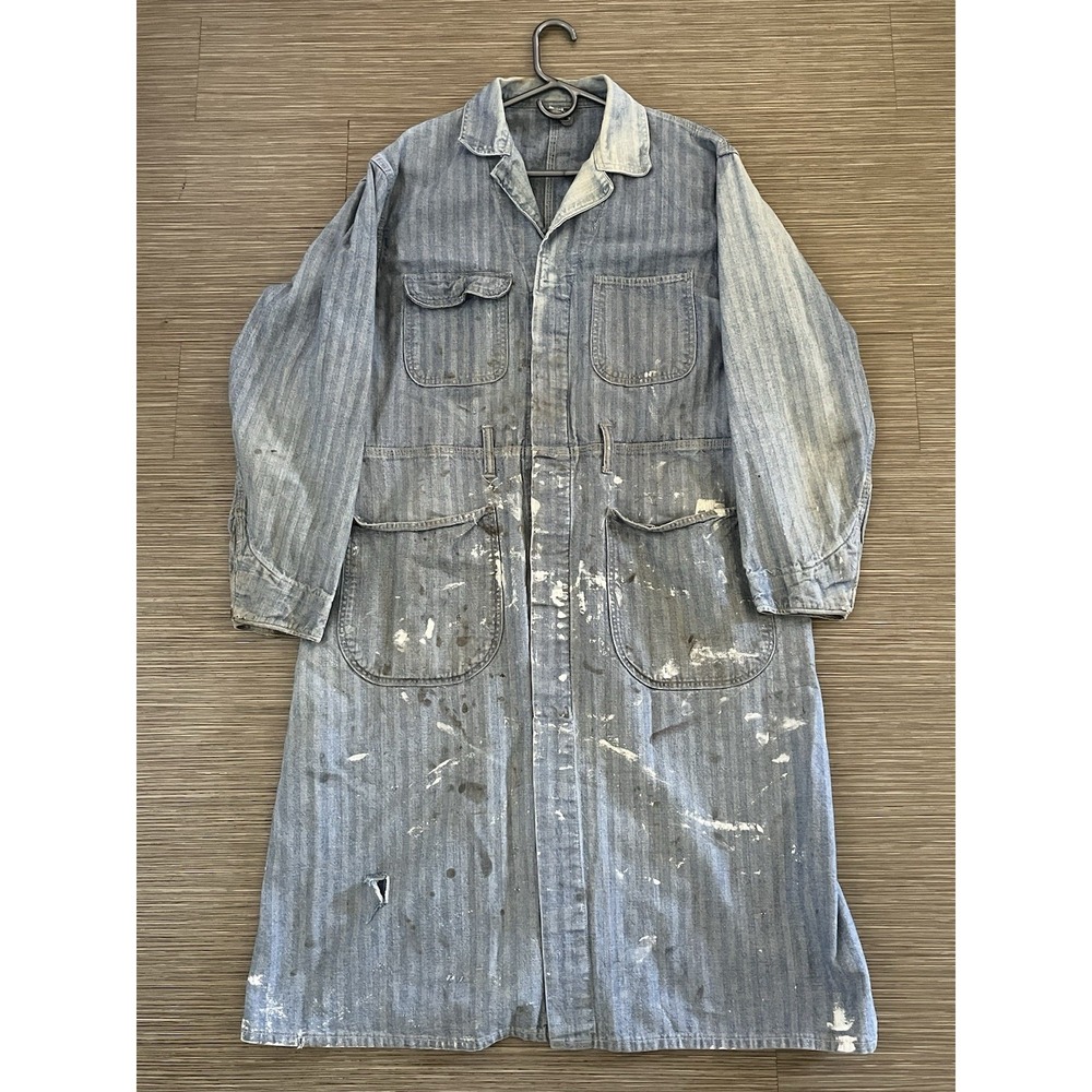 Vtg 60s Big Mac HBT Shop Coat Denim 42R Chore Duster - Thrashed Paint Workwear L